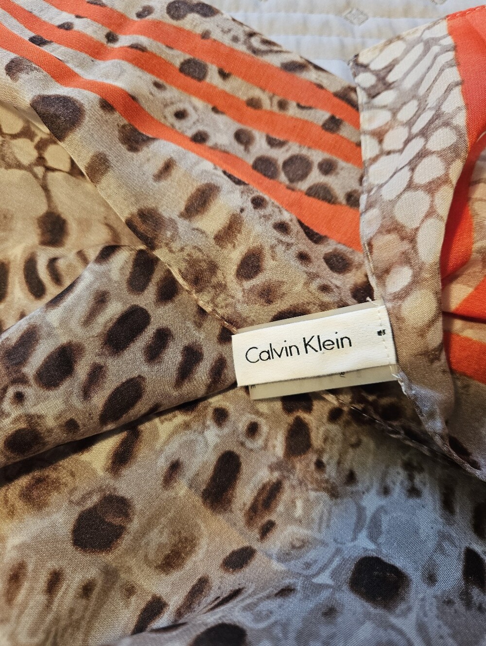 Calvin Klein Brown Snake-Print Scarf with Red Trim